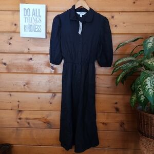 The Drop NWT Ellen Black Midi Puff Sleeve Shirt Dress Open Back Pockets Size XXS
